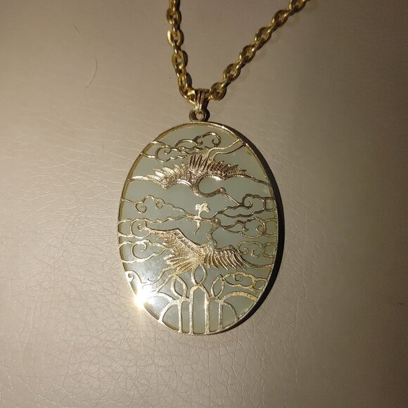 Large Jade Jadeite Pendant Vintage Gold Overlay Cranes Birds Asian Gold Filled - Picture 9 of 12